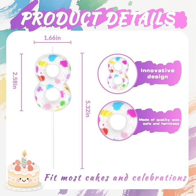 Paint Birthday Candles, Art Paint Party Decoration Supplies, Birthday Number Candles for Cake Topper (Multicolour, Number 8)