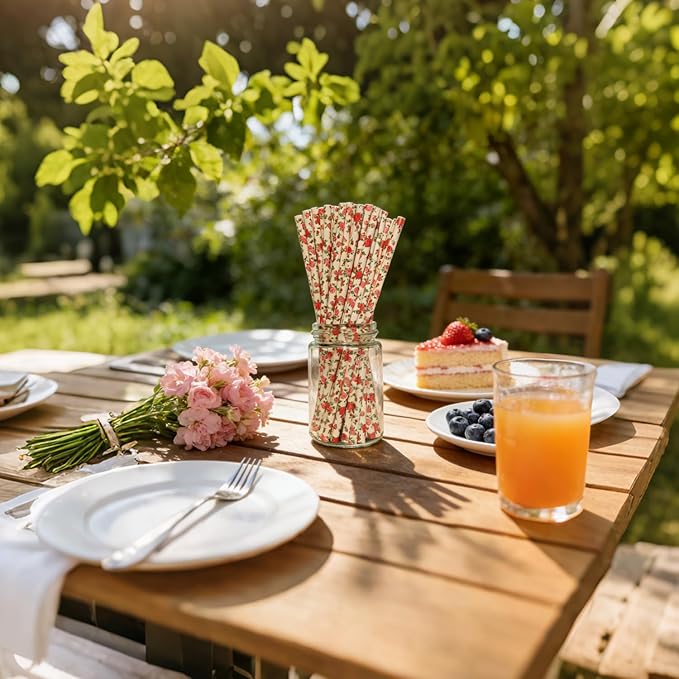 100 Pcs Light Pink With Red Rose Flower Paper Straws, Vintage Green Leaf Floral Drinking Straws, Retro Garden Tea Party Wedding Valentine Spring Celebrations Events Cake Pop Sticks (Flower H001)