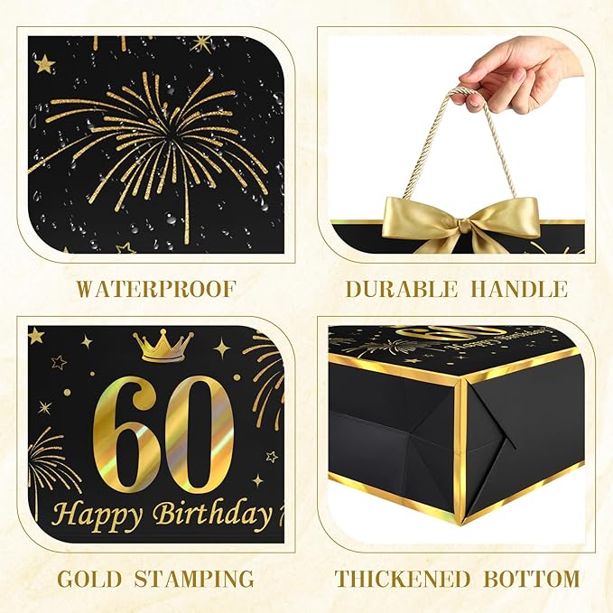 JMANNI Black Gold 60th Birthday Gift Bag with Card and Tissue Paper, 12.6"×9.84"×3.9" Elegant Present Bag for Men Women, 60 Year Old Birthday Keepsake Party Supplies