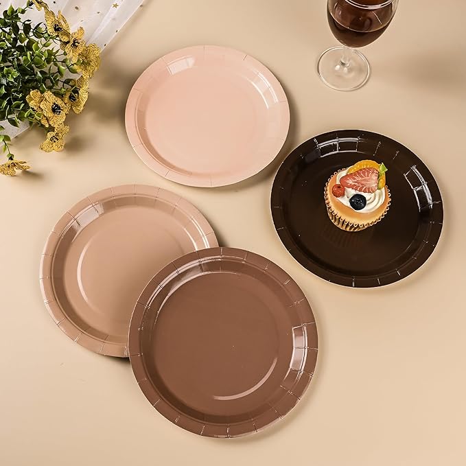 AimFun 48Pcs Brown Paper Plates Gradient Brown Party Plates 4 Colors 7”Disposable Round Dessert Plates for Birthday Holiday Thanksgiving Gathering Party Supplies