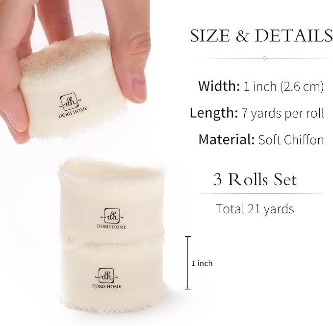 DORIS HOME Cream White Chiffon Ribbon for Flower Bouquet, 1" x21Yd Fabric Ribbon for Gift Wrapping, Handmade Frayed Ribbon for Wedding Invitations/Christmas Decorations