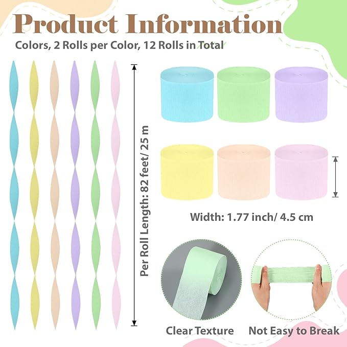 Epakh Pastel Crepe Paper Streamers - 12 Rolls 984ft Crepe Paper Rainbow Baby Shower Decorations Baby in Bloom Themed Wedding Birthday Graduation Mermaid Party Decor Streamers
