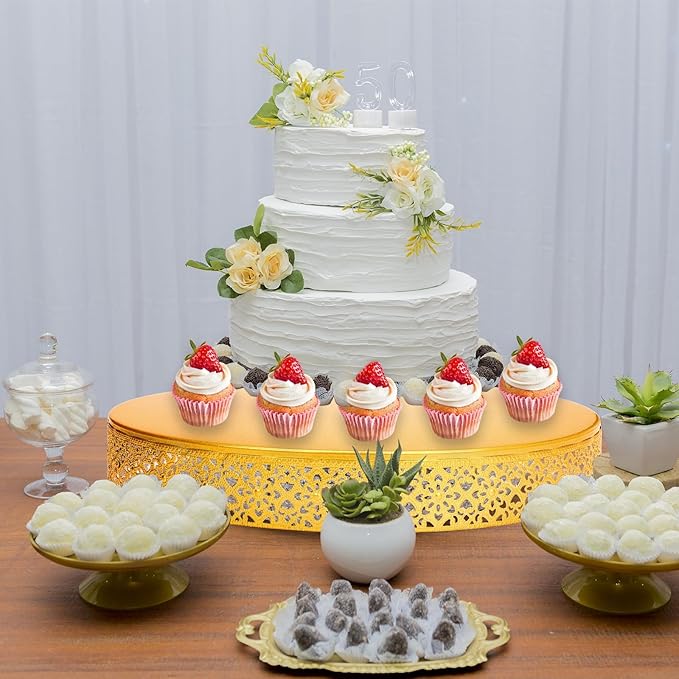 3 Piece Cake Stands Set 16'' 14'' 12'' Round Metal Cake Stands Cupcake Stand Riser Pastry Candy Display Plate for Dessert Table Wedding Event Birthday Anniversary Party (Gold)