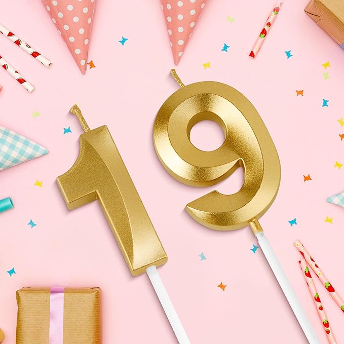 Birthday Candles, 1.96 Inch Number 19 Happy Birthday Candles, Number Candles Decoration for Birthday Party and Anniversary Celebration(Champagne Gold)