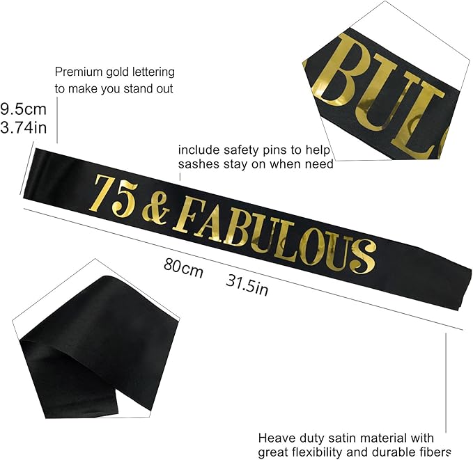 75th Birthday Tiara and Sash Kit - '75 & FABULOUS' Black Sash and Gold Rhinestone Crown for Women's 75th Birthday Party Supplies