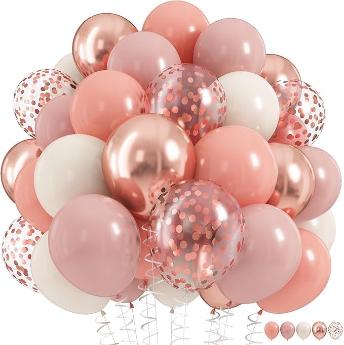 Dusty Pink Balloon Set, 60Pcs 12 Inch Retro Blush Pink White Sand Nude Latex Balloon with Metallic Confetti Rose Pink Helium Balloon for Girls Women Birthday Party Baby Shower Boho Decoration Supplies