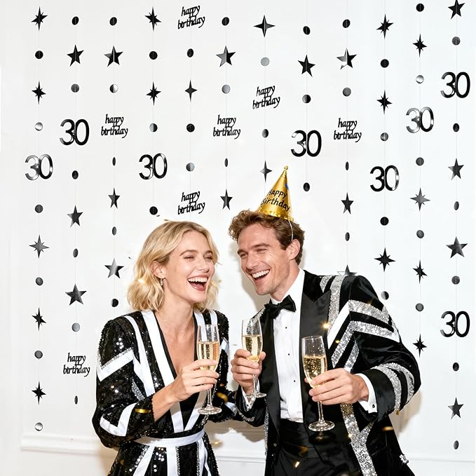 GCQQ Black 30th Birthday Decorations - 46FT Happy 30 Circle Dot Birthday Star Garlands 4Packs Dirty 30 Year Old Paper Hanging Streamer Banner Backdrop for Men Women Anniversary Party Decor