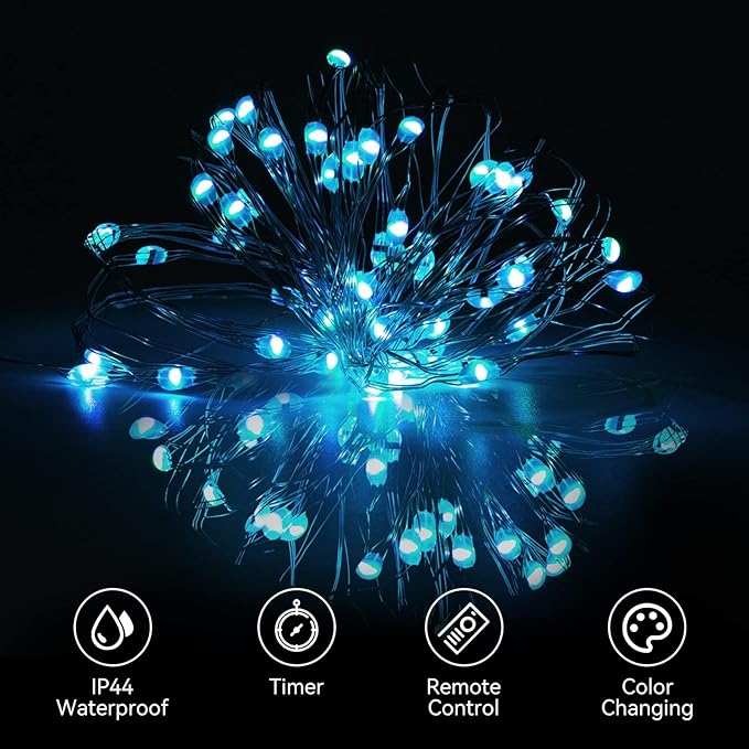 Dazzle Bright Color Changing Fairy Lights Battery Operated, 2 Pack Total 40FT 120LED Silver Copper Wire RGB String Lights with Remote, Waterproof Halloween Decorations for Indoor Outdoor Party Decor