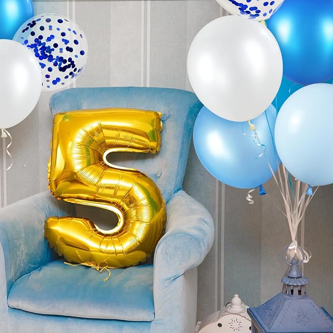 68Pcs Blue and White Balloons Kit 12 Inch, Blue Confetti Balloons Light Blue Baby Blue Pearl White Party Balloons with Ribbons for Birthday, Wedding, Baby Shower, Graduation Decorations