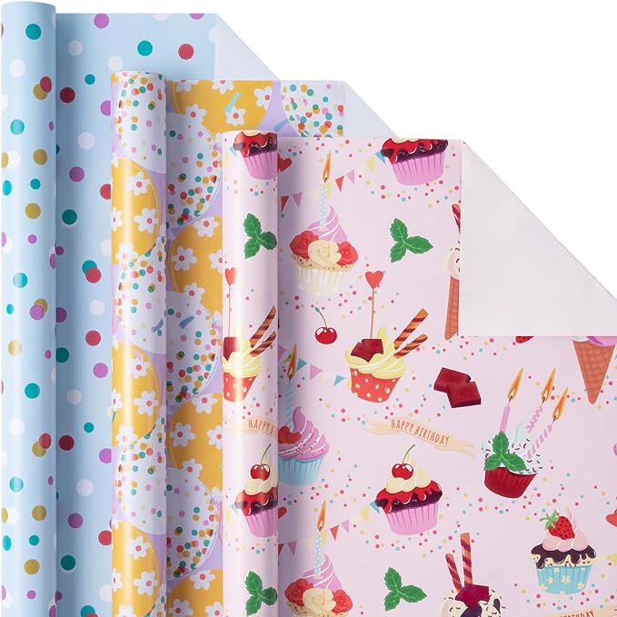 LeZakaa Cupcake Birthday Wrapping Paper Roll, Cupcake, Ice Cream, Balloon, Polka Dot in Blue for Birthday, Baby Shower Party Favor for Kids, Baby Girl, Women, Mini Roll, 17 x 120 inches, 3 Rolls
