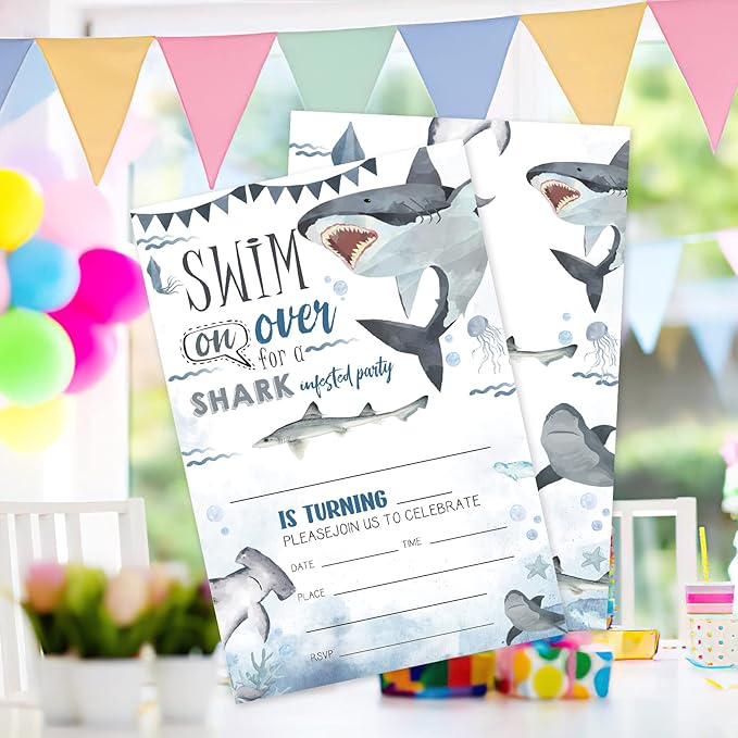 AEHIE 20 Sets Shark Birthday Invitations With Envelopes,Marine Life Sharks Double-sided Printed Birthday Party Invitation Invite Cards for Boys Girls Kids,Baby Shark Birthday Party Invites