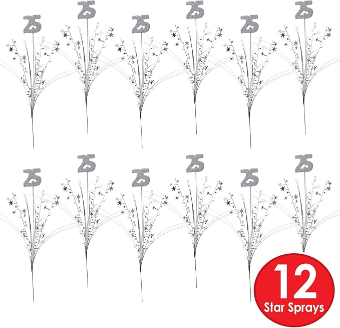 Beistle 12 Piece Glittered Number 25 Metallic Star Spray Centerpieces For Anniversary Party, 25th Birthday Decorations