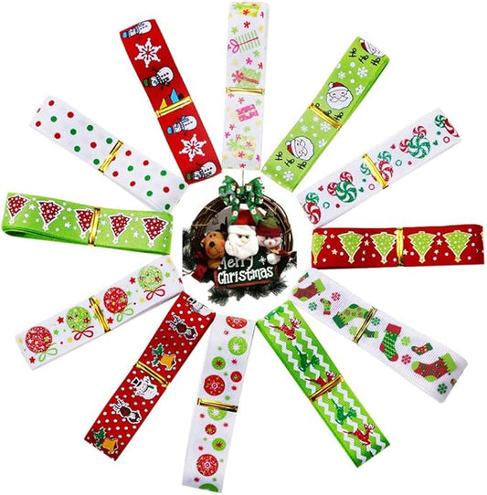 Christmas Ribbons for Gift 24 Yards 7/8" Grosgrain Fabric Ribbon for Xmas Day Party Decor Holiday Box Gift Wrapping Hair Bow Accessories DIY Festival Christmas Tree Ribbon (12Colors x 2Yds Each)