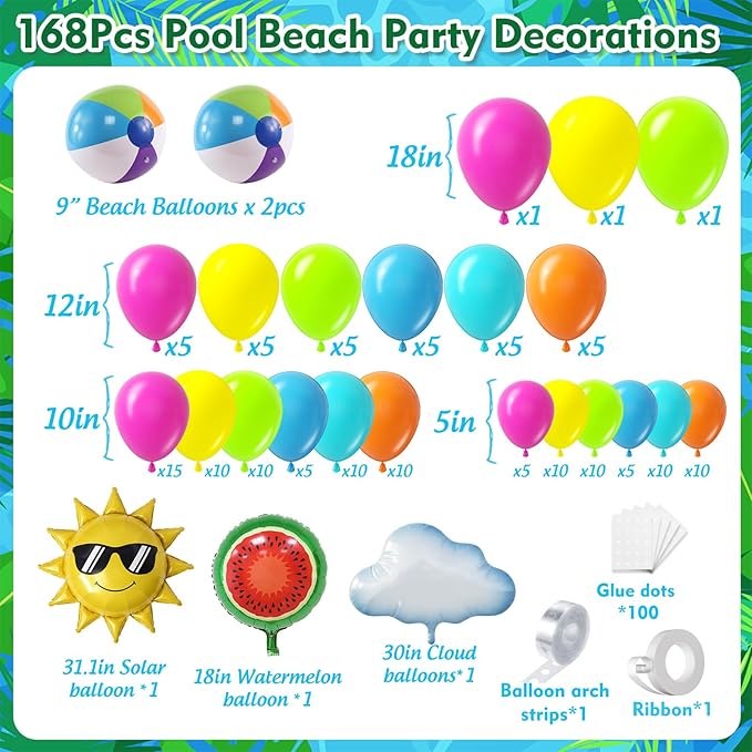 Tropical Summer Beach Pool Party Balloon Garland Arch Kit 168Pcs with Beach Ball Pineapple Watermelon Sun Foil Balloons for Birthday Hawaiian Luau Pool Beach Party Coconut Party Decor