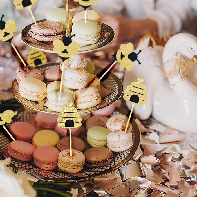 50 Pieces Bee Toothpicks Bulk Bee Cupcake Toppers Glitter Bee Cake Picks Decorations for Birthday Party Favors Supplies