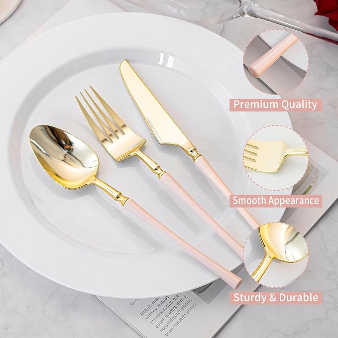 Lullaby 150pcs Gold Plastic Silverware, High End Disposable Cutlery with Pink Handle Include 50 Forks, 50 Spoons, 50 Knives, Perfect for Birthdays, Parties, Weddings, and More