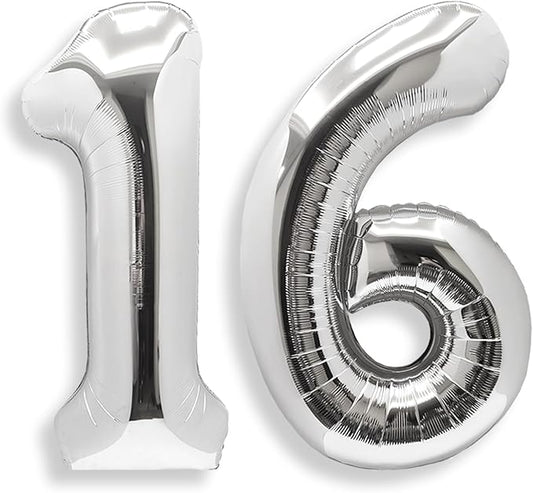 AULE 40 Inch Big Silver Foil Mylar Number Balloons for Boy Girl 16th Birthday Party Decorations 16 Years Old Giant Anniversary Party Supplies