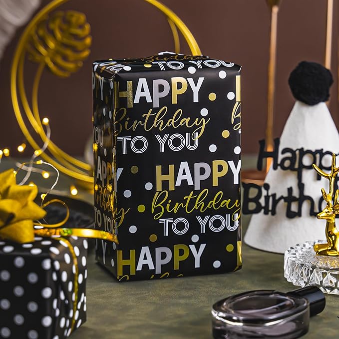 MAYPLUSS Reversible Black Birthday Wrapping Paper Roll - 17 Inch X 33 Feet - Glitter Happy Birthday Lettering Metallic Foil Paper Boy Gift Wrap w/Polka Dot for Party Father's Day Halloween's Day
