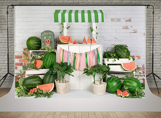 Kate Summer Watermelon Shop Photography Backdrops 7x5ft Soft Fabric Fruit White Brick Wall Photo Background Children Kids Birthday Party Dessert Table Baby Shower Backgrounds Props