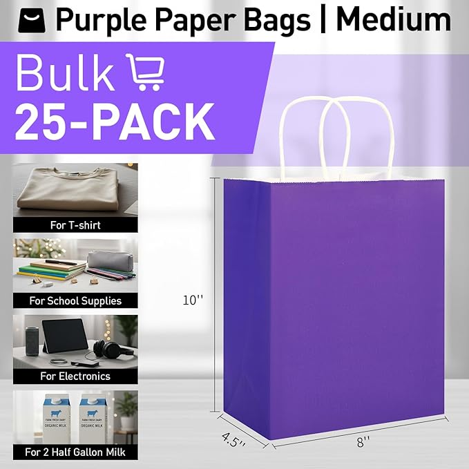 SUNCOLOR 25 Pack Purple Gift Bags with Handles – 8x4.5x10 Medium Bags for Shopping, Retail, DIY, Wedding, Party Favors & Special Occasions