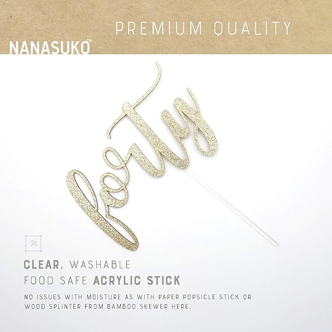 40th Birthday Cake Topper - forty - Double Sided Gold glitter - Premium quality Made in USA