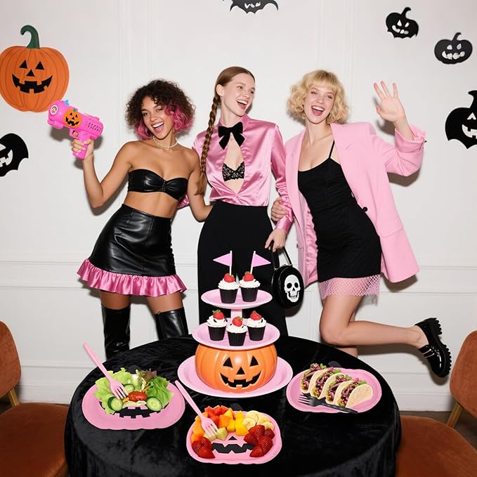 96 Pcs Halloween Paper Plates and Napkins Party Supplies Serve 24, 9" Pink Cartoon Pumpkin Disposable Plates for Halloween Birthday Baby Shower Table Decor