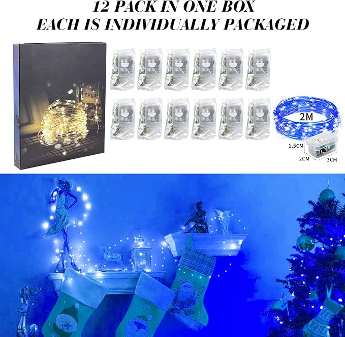 ZGWJ 12 Pack Battery Powered Fairy Lights, Mixed Colors 7Ft 20 Mini LED Silver Wires, 3 Modes for DIY, Party, Wedding, Bedroom, Halloween Christmas Decoration (White & Blue)