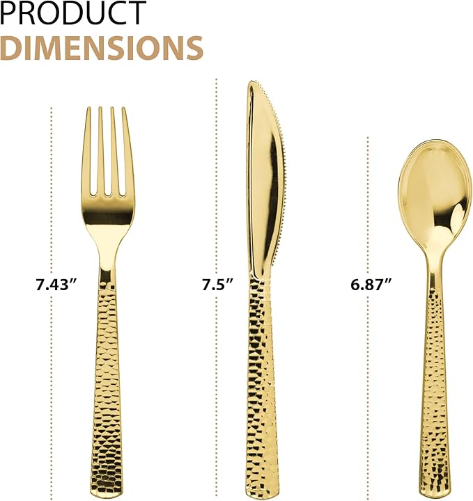 960 Piece Gold Plastic Silverware, Extra Heavyweight Disposable Cutlery Set, Full Size Gold Pebbled Flatware Combo, 480 Forks 240 Spoons 240 Knives, Bulk Party & Wedding Utensils