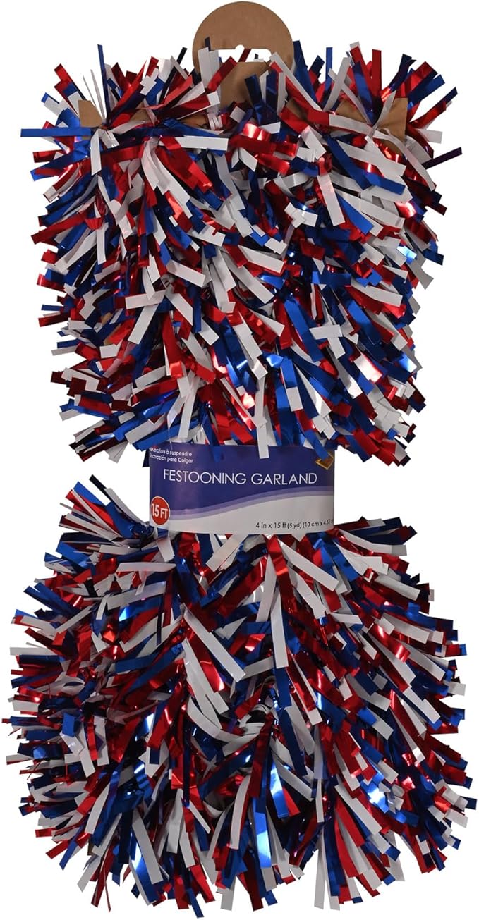 Beistle 50281-RWB 6-Ply Red, White and Blue Metallic Festooning Garland, 4" x 15'