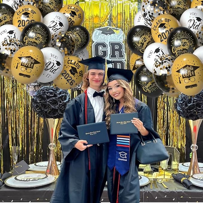 50 Pack Graduation Party Decorations Balloons Set - 12 Inch Graduation Balloons 2026 Black Gold Grad Balloon for Grad Party Decoration Supplies