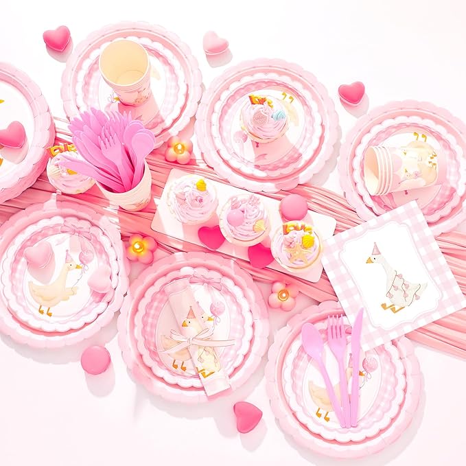 Zhehao 350 Pcs One Silly Goose Birthday Party Tableware Set Scalloped Pink Bow Baby Shower Plates Cup Napkins Forks for Birthday Party Decorations Supplies for 50 Guests