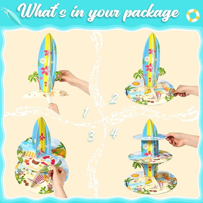 3-Tier Cupcake Stand for Beach Party Decorations - Multi-Colored Tropical Luau Pool Party Supplies, Hawaiian Themed Birthday Cake Stand for Baby Shower Wedding Decorations