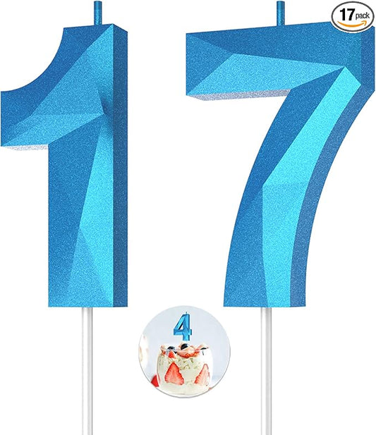 Number Birthday Candles(17 Candle Blue) 3D Diamond Shape Number Happy Birthday Cake Candles for Birthday Party Wedding Decoration Reunions Theme Party