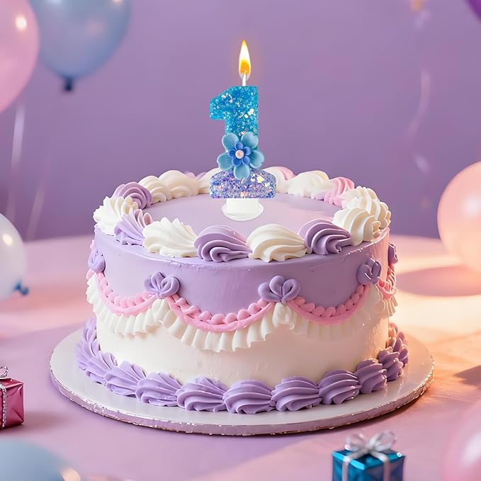 Blue Purple Flower Birthday Number Candles, Flower Theme Party Decorations, Cupcake Decorations, Suitable for Party Celebrations, Boys and Girls Birthday Decorations（1）