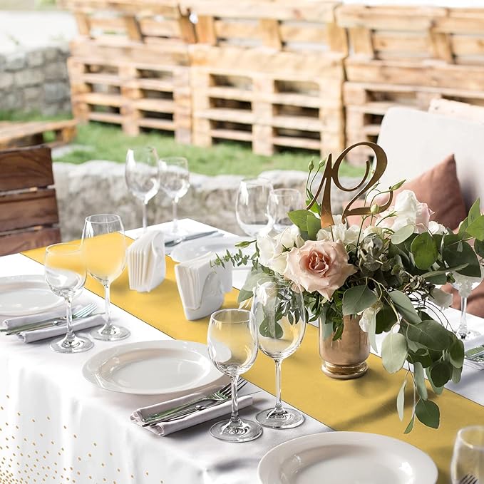 24Pack Disposable Plastic Tablecloths and Satin Table Runner Set White and Gold Dot Tablecloth Gold Satin Table Runner for Wedding Birthday Baby Shower Anniversary Christmas New Year Party Decorations