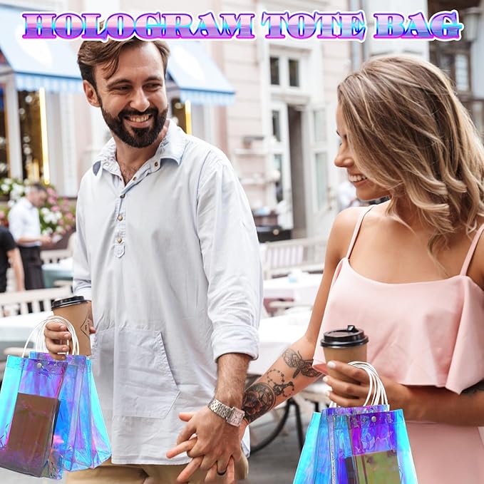 Sherr 16 Pcs Holographic Small Gift Bag Reusable Iridescent Clear Bags for Women PVC Plastic Goodie Holder with Handles for Shopping Christmas Holiday Gift Party Favor(10.24" x 3.15" x 7.09",Rainbow)