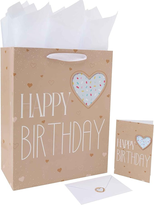 Qirrmiy 13” Large Brown Happy Birthday Gift Bag Set with Handles, Greeting Card, Green Tissue Papers and Stickers for Women Girls Men Boys Kids Teens, Heart Design, 1 Pcs.