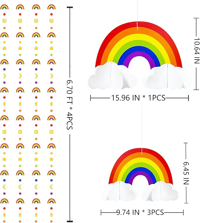 Rainbow Party Decorations 3D Cloud Rainbow Cutout Circle Dots Star Moon Lightning Hanging Colorful Garland Streamer for Birthday Baby Shower Wedding Carnival Party Supplies Classroom Nursery Decor