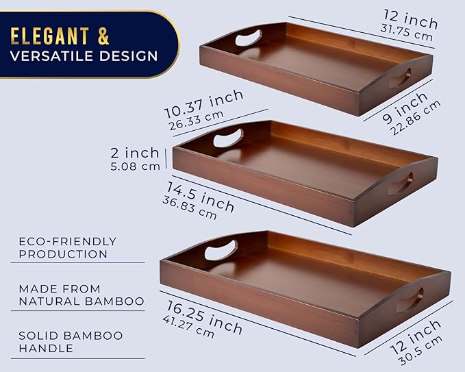 Comfify Bamboo Serving Trays – Set of 3 Ottoman Trays for Food, Entertaining, and Decor – Minimalist Brown Finish