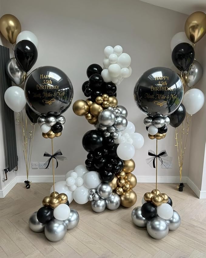Black White Gold Latex Balloons, 50pcs 12 Inches Black White Gold Confetti Party Balloons with 1 Ribbon for Birthday, Graduation, Anniversary,Wedding, New Year Party Decorations