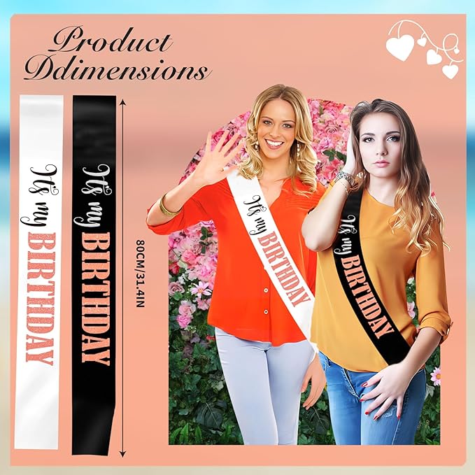 It's My Birthday Sash with Glitter Rose Gold, Black and White Birthday Sashes Decorations for Girls women and Men 16th 18th 21st 30th 40th 50th 60th or Any Birthday Party Supplies Gifts