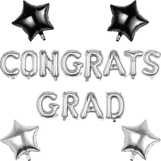 CONGRATS GRAD Silver Black Balloon Gift Set - Perfect Graduation Gift - Complete 19-Piece Party Kit with 16” Letters + 18" Stars - Ready-to-Give Celebration Package 2026