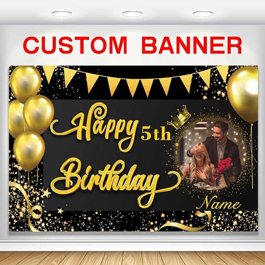 Custom Black and Gold Happy Birthday Party Decorations Supplies Personalized Black and Gold Birthday Backdrop Banner(6x9ft)