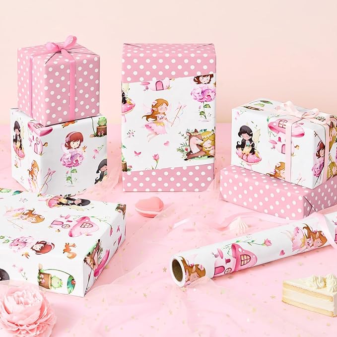 WERNNSAI Fairy Wrapping Paper Roll - 1 Roll 17”x 33 ft Pink Fairy Birthday Wrapping Paper for Girls Reversible Gift Wrap with Polka Dot Design for Birthday Baby Shower Party Favor