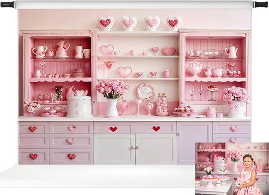 Kate Sweet Heart Backdrops Pink Kitchen Theme Girls Birthday Party Decorations Photo Studio Props, 10x6.5ft