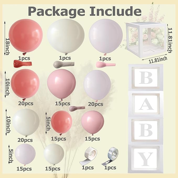 144Pcs Boho Baby in Bloom Balloon Arch Kit, Baby Shower Decorations, Vintage & Dusty Pink Sandy White Balloons with BABY Letter Boxes, Boho Floral Party Supplies for Baby Shower Gender Reveal Birthday