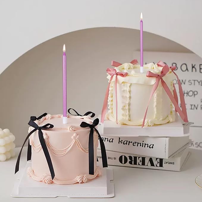 by Tugba Aydan - Pink Birthday Candles, 24 Pack, Long Thin Metallic Cake Candles with Holders, Elegant Pink Candles for Cakes, Cupcakes & Parties