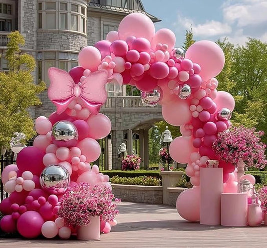 Pink Balloon Arch Kit Double Stuffed Peach Pink Bow Balloon Garland Foil Silver Balloons For Happy Birthday Baby Shower Bridal Shower Wedding Girls Women Theme Tea Party Decor