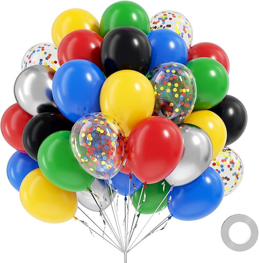 60pcs Colorful Balloons 12inch, Red Blue Yellow Green Black Metallic Silver Confetti Balloons for Birthday Party Decorations