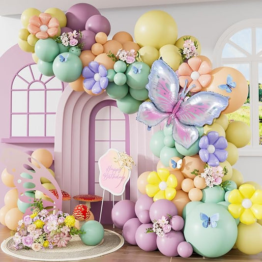 Spring Floral Butterfly Balloon Arch Garland Kit - Fairy Balloon Arch Pastel Green Purple Yellow Balloons with Daisy Balloons for Wildflower Baby Shower Birthday Tea Party Decorations